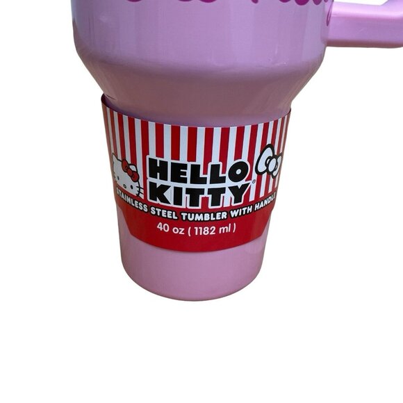 HELLO KITTY PINK TUMBLER WITH STRAW & HANDLE 2 PC SET COFFEE MUG RAINBOW BOWS - Picture 4 of 5